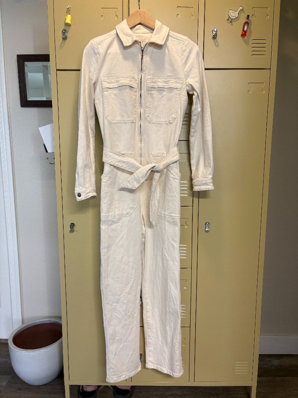 Sezane Cream Utility Jumpsuit with Tie Belt